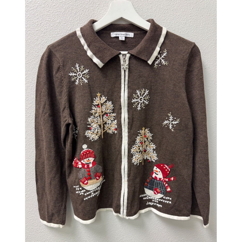 Mercer Street Studio Womens Embroidered Snowman Christmas Cardigan SweaterBrown‎